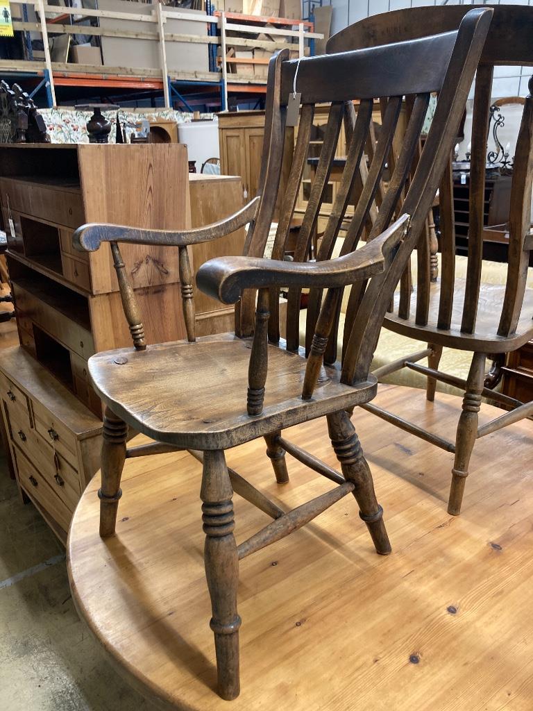 Two Windsor lathe back chairs and three modern chairs
